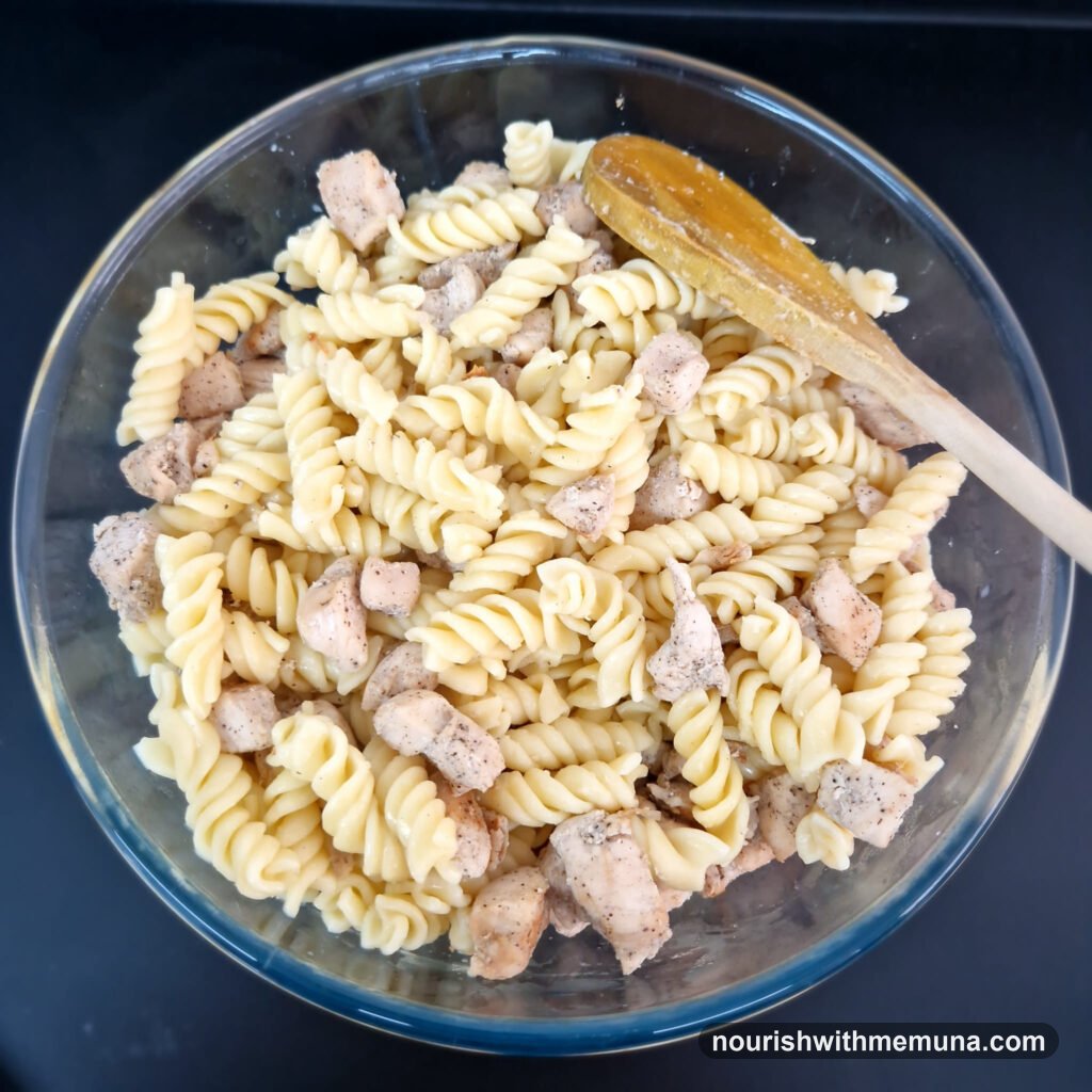 cooked chicken and pasta for the italian chicken carbonara with an indian twist recipe
